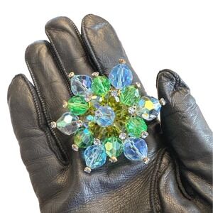 VTG 1950s AB Crystal Brooch 2"‎ Aurora Borealis Beaded Cluster Flower Pin MCM